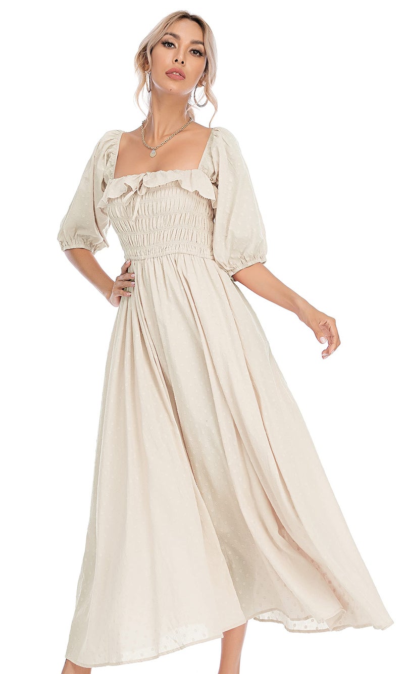 R.Vivimos Women Summer Half Sleeve Cotton Ruffled Vintage Elegant Backless A Line Flowy Long Dresses (Medium, Beige-1) - Image 1
